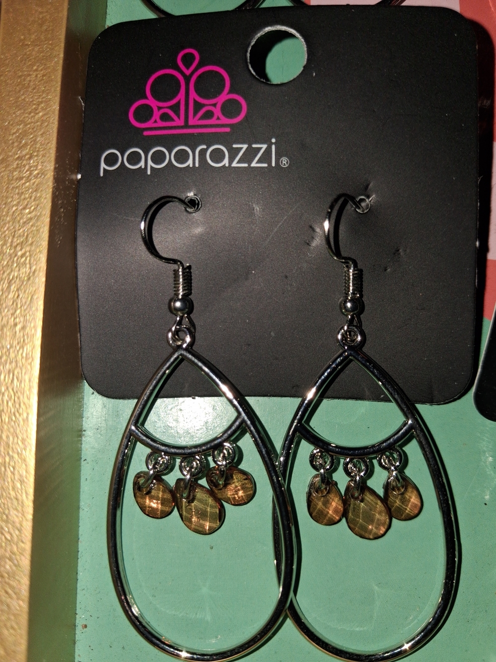 paparazzi Silver Teardrop Earrings with Amber Charms